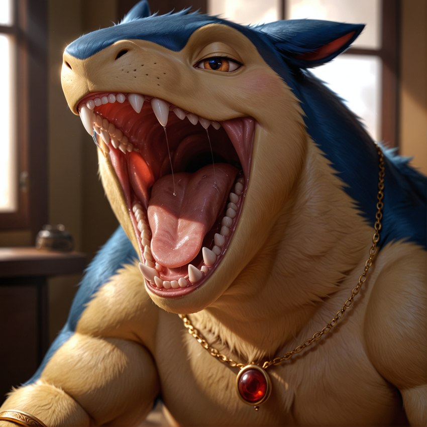 ambiguous_gender blue_body blue_fur bodily_fluids fur mouth_shot open_mouth saliva saliva_string sharp_teeth solo tan_body tan_fur teeth ventti_(director) generation_2_pokemon pokemon_(species) typhlosion hi_res