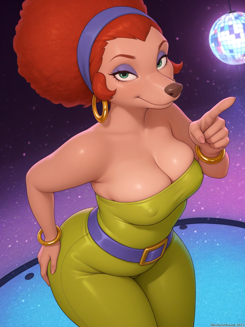 accessory afro_hair anthro bare_shoulders belly belt big_butt bottomwear bracelets breast_squish breasts brown_nose butt cleavage cleavage_overflow clothed clothing disco ear_piercing ear_ring eyeshadow fat_rolls female gesture green_bottomwear green_clothing green_eyes green_pants hair hair_accessory hairband half-closed_eyes hand_on_hip hoop_ear_ring inside jewelry looking_at_viewer low-angle_view makeup narrowed_eyes nipple_outline orange_hair pants piercing pointing presenting purple_eyeshadow ring_piercing slightly_chubby smile solo squish strapless_clothing thick_thighs tight_clothing wide_hips worm's-eye_view sherlock_hound_(director) sylvia_marpole canid canine canis domestic_dog mammal hi_res