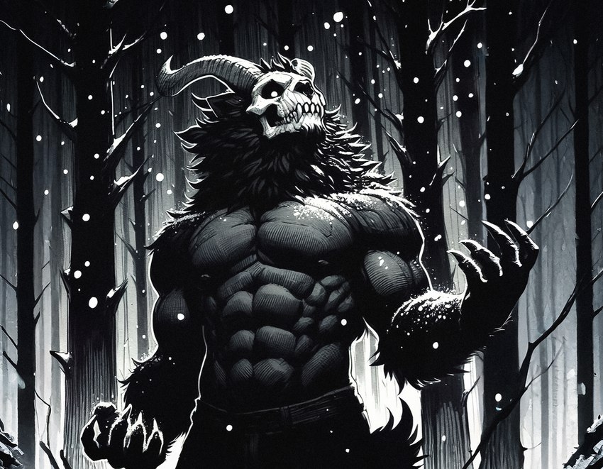 2_horns 5_fingers abs anthro belt biceps big_biceps big_muscles big_triceps biped black_body black_bottomwear black_claws black_clothing black_ears black_fur black_mane black_nipples black_pants black_tail black_tuft bone bottomwear claws clothed clothing curved_horn dall-e_3 dark_body dark_fur dead_tree deltoids detailed_background empty_eyes fangs finger_claws fingers fluffy fluffy_tail forearm_muscles forest forest_background front_view fur grey_horn head_horn horn humanoid_hands light long_claws looking_up male mane manly monotone_body monotone_fur muscular muscular_anthro muscular_arms muscular_male nature nature_background night nipples obliques outside pants pecs plant prick_ears ridged_horn serratus sharp_teeth skull skull_head snout snow snowing solo standing tail teeth thick_neck topless topless_anthro topless_male tree triceps tuft wavy_horn white_eyes winter zenithwolf canid canid_demon canine demon mammal monster mythological_creature wendigo 9:7 detailed digital_drawing_(artwork) digital_media_(artwork) greyscale half-length_portrait hatching_(art) hi_res lighting monochrome pen_(artwork) portrait shaded story story_in_description traditional_media_(artwork)