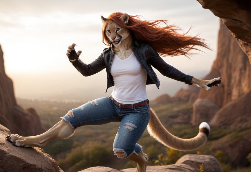 anthro bottomwear cliff clothed clothing denim denim_clothing digitigrade female forest hair jacket jeans long_hair looking_at_viewer mountains pants plant ponyrealism_(model) red_hair rock shirt smile solo topwear tree director_crashbandit cougar felid feline mammal pantherine novelai