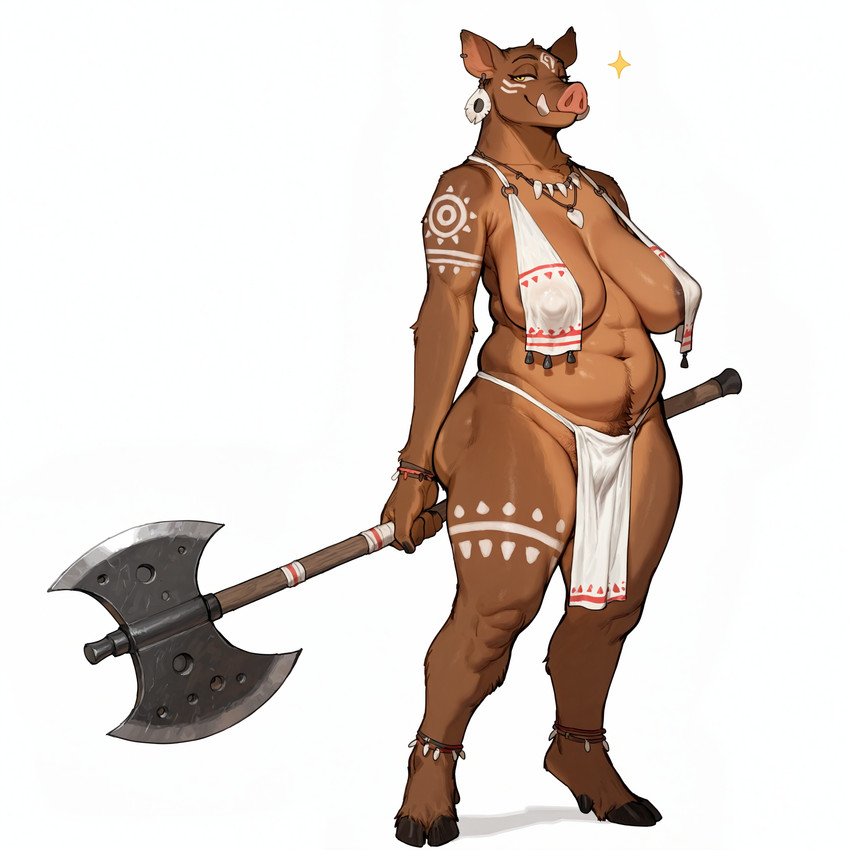 5_fingers areola axe big_breasts biped body_hair bodypaint bottomwear bracelet breasts brown_body brown_fur casual_exposure chubby_female clothed clothing cloven_hooves confident curvy_figure ear_piercing ear_ring female fingers fur happy_trail holding_axe holding_object holding_weapon hooves huge_breasts inner_boob jewelry loincloth looking_at_viewer markings mature_female melee_weapon narrowed_eyes navel necklace nipple_outline nipples piercing pubes ring_piercing sagging_breasts simple_background skimpy slightly_chubby slightly_chubby_female smile solo standing tattoo thick_thighs tribal tribal_markings tusks voluptuous weapon white_background wide_hips unknown_director mammal suid suina sus_(pig) wild_boar absurd_res full-length_portrait hi_res portrait