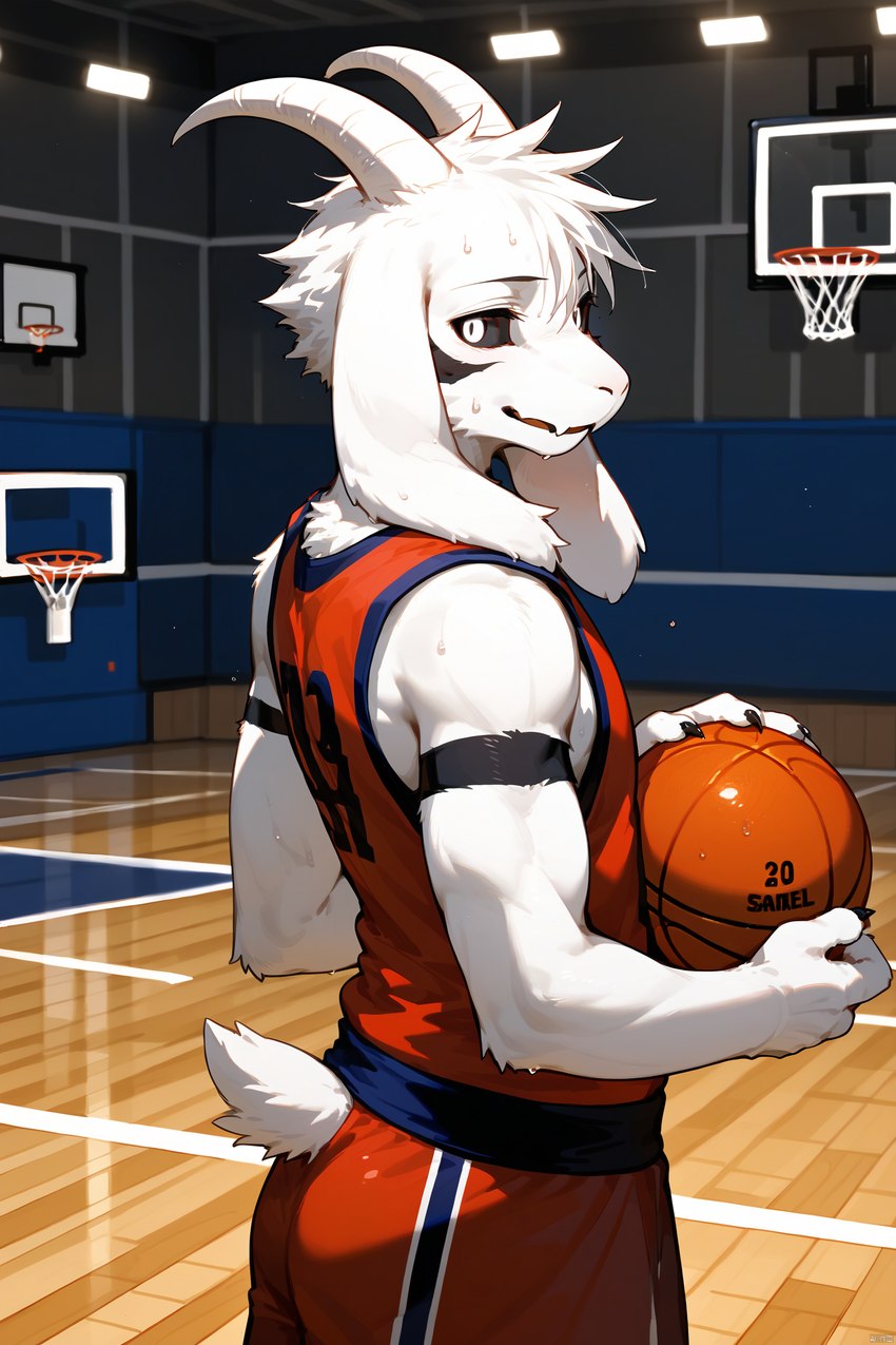 basketball black_sclera bovid_horn caprine_horn clothing fur goat_horn horn looking_at_viewer looking_back male red_clothing solo sport white_body white_fur asriellover asriel_dreemurr asriel_dreemurr_(god_form) dreemurr bovid caprine goat mammal hi_res