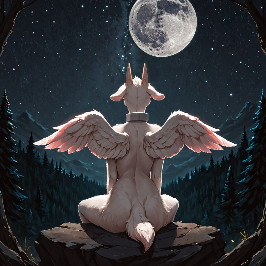 anthro bovid_horn butt caprine_horn collar collar_only faceless_character faceless_female feathered_wings feathers female forest full_moon fur goat_horn head_tuft horn metal_collar moon mountains night nude plant rear_view rock scut_tail short_tail sitting sitting_on_rock sky solo star starry_sky tree tuft white_body white_fur wings boreal_dancer andria angel bovid caprine goat mammal hi_res