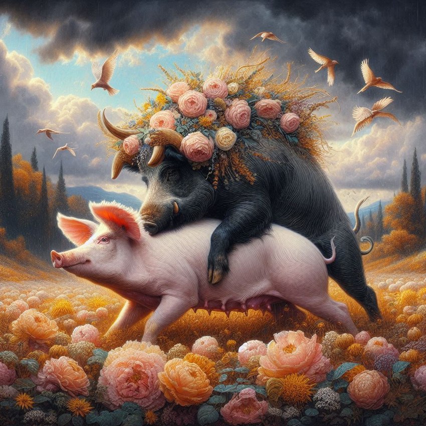 cloudy doggystyle duo female feral feral_on_feral flower flower_crown flower_field from_behind_position humping male male/female mating mounting multi_nipple nipples plant sex teats tusks animaldreamvisuals ambient_bird avian bird domestic_pig mammal suid suina sus_(pig) wild_boar