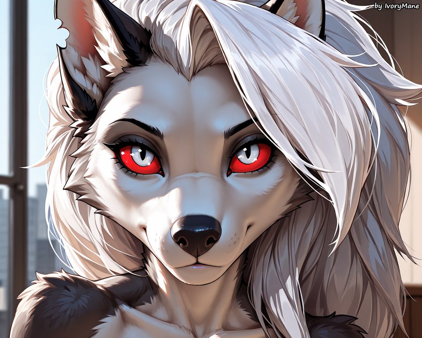 anthro close-up female fur hair long_hair looking_at_viewer pupils red_sclera slit_pupils smile solo ivorymane helluva_boss loona_(helluva_boss) canid canid_demon canine canis demon hellhound mammal wolf watermark