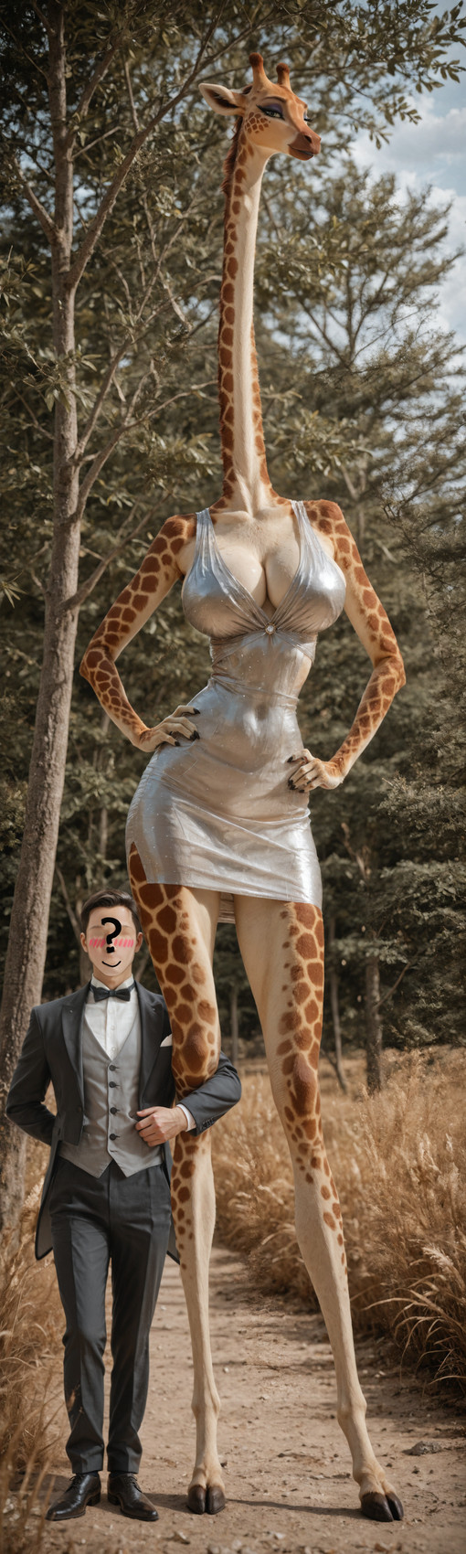 anthro big_breasts black_clothing blue_clothing blue_eyes blush bottomwear bow_(feature) bow_tie breasts brown_body cleavage clothed clothed_female clothing cloven_hooves dress duo female female_anthro fingers footwear formal_wear fully_clothed fur grey_clothing hair hands_on_hips hooves horn larger_anthro larger_female long_neck male male/female male_human markings nature ossicone outside photo_background plant plantigrade real shoes size_difference smaller_human smaller_male smile spots standing suit tan_body tree unguligrade white_clothing wide_hips gridanon giraffe giraffid human mammal absurd_res digital_media_(artwork) hi_res photography_(artwork) stable_diffusion