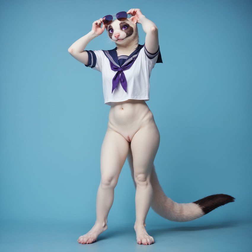 anthro bottomless clothed clothing detailed_fur eyewear female fur genitals looking_at_viewer nudity pink_nose purple_eyes pussy realistic simple_background solo sunglasses topwear white_body white_fur ilmpbx domestic_ferret mammal mustela mustelid musteline true_musteline detailed hi_res