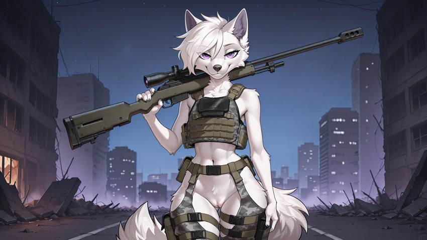 anthro armor bedroom_eyes black_nose canine_nose canine_teeth chaps city city_background claws clothed clothing female fluffy fluffy_tail fur genitals gun hair holding_object holding_weapon leg_strap legwear looking_at_viewer narrowed_eyes navel night outside partially_clothed plate_armor purple_eyes pussy ranged_weapon rifle ruins seductive seductive_smirk smile smirk smirking_at_viewer sniper_rifle solo standing tactical_gear topwear tuft weapon white_body white_fur asp791_(director) canid canine canis mammal wolf absurd_res hi_res signature