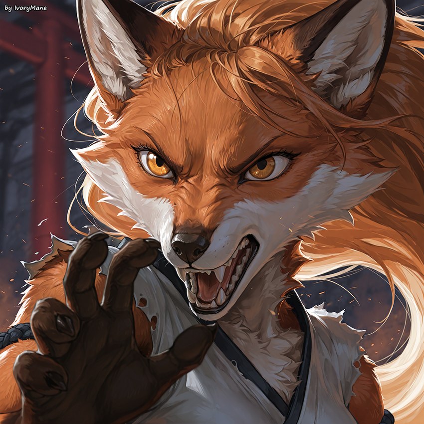 angry anthro close-up clothing fangs female fur hair long_hair solo teeth torn_clothing ivorymane canid canine fox mammal watermark