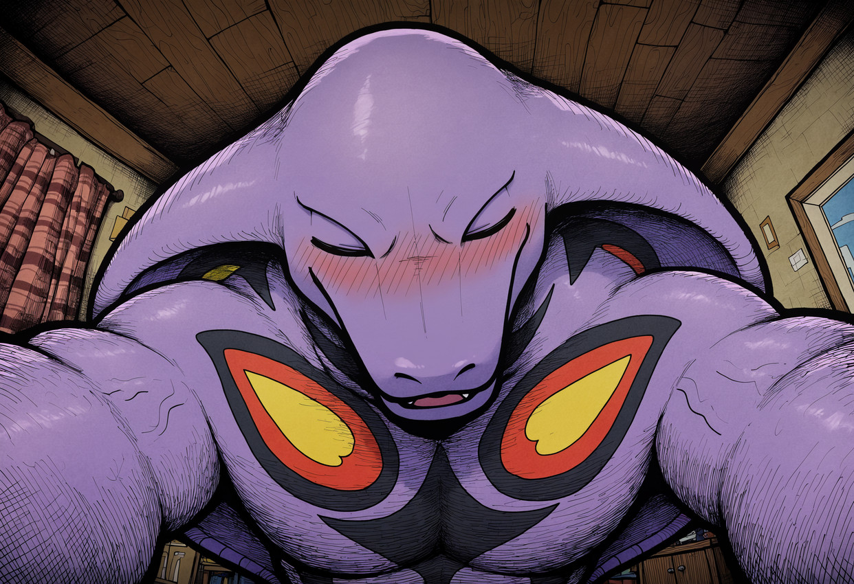 anthro blush chest_markings curtains eyes_closed first_person_view front_view imminent_kiss inside living_room male markings multicolored_body muscular muscular_anthro muscular_male nude parted_lips photo pokemorph purple_body reaching_towards_viewer snake_hood solo upper_body vein dfy6c nintendo pokemon arbok cobra generation_1_pokemon pokemon_(species) reptile scalie snake cross-hatching hatching_(art) hi_res shaded