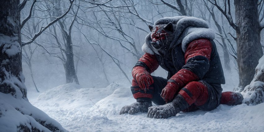 anthro blood_on_face bodily_fluids crying detailed_background male muscular muscular_male pokemon sad snow solo tears winter winter_background winter_clothing crypto_botany felid generation_7_pokemon incineroar mammal pokemon_(species) detailed full-length_portrait hi_res portrait