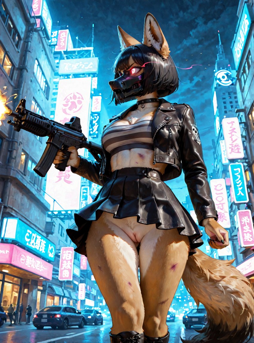 anthro assault_rifle black_bottomwear black_clothing black_collar black_skirt bottomwear bra breasts brown_eyes city city_background clothed clothing collar female footwear front_view fur glowing glowing_eyes gun high_heels jacket leather leather_clothing leather_jacket leather_topwear looking_away medium_breasts no_underwear ranged_weapon red_eyes rifle shooting skirt skyscraper solo t-800_series_(terminator) topwear underwear weapon majorrenegade canid canine canis coyote mammal detailed hi_res