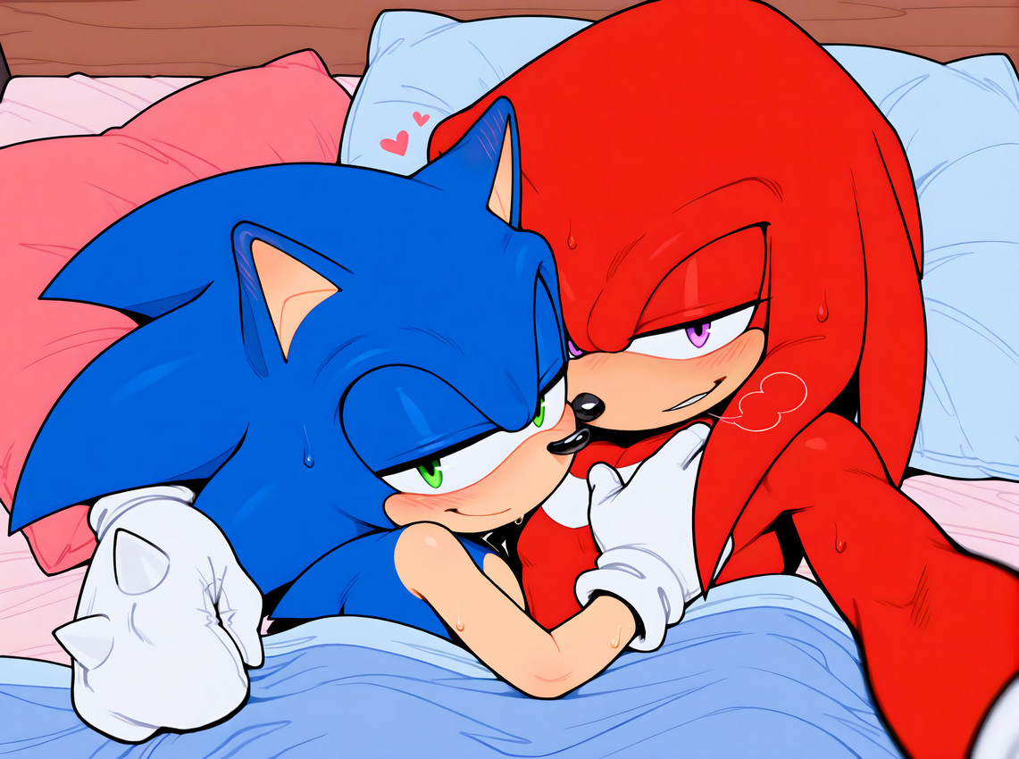 <3 after_sex afterglow anthro arm_around_back bed blue_body blue_fur blush bodily_fluids breath clothing duo floating_heart fur furniture gloves green_eyes grin hand_on_chest handwear looking_at_viewer male male/male narrowed_eyes on_bed pillow purple_eyes red_body red_fur selfie smile smug suggestive sweat under_covers promagentis sega sonic_the_hedgehog_(series) knuckles_the_echidna sonic_the_hedgehog echidna eulipotyphlan hedgehog mammal monotreme hi_res