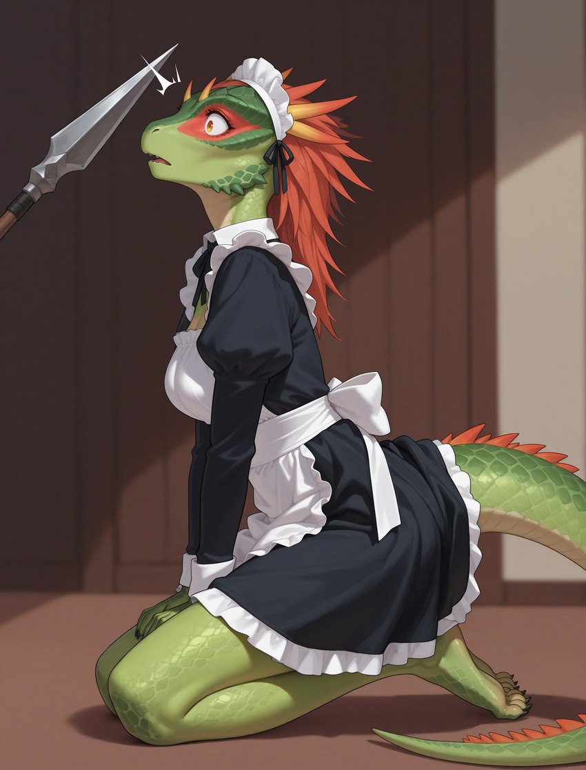 anthro biped claws clothing feet female horn inside kneeling maid_headdress maid_uniform melee_weapon open_mouth polearm scales shocked solo spear spiked_tail spikes spikes_(anatomy) toe_claws uniform weapon tamrad lifts_her_tail argonian scalie hi_res