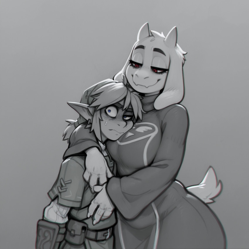 anthro breasts clothing crossover duo female floppy_ears horn humanoid_pointy_ears large_breasts larger_anthro larger_female looking_at_viewer male male/female narrowed_eyes robe simple_background size_difference smaller_humanoid smaller_male smile anonymous_director nintendo the_legend_of_zelda undertale_(series) link toriel bovid caprine goat humanoid hylian mammal hi_res
