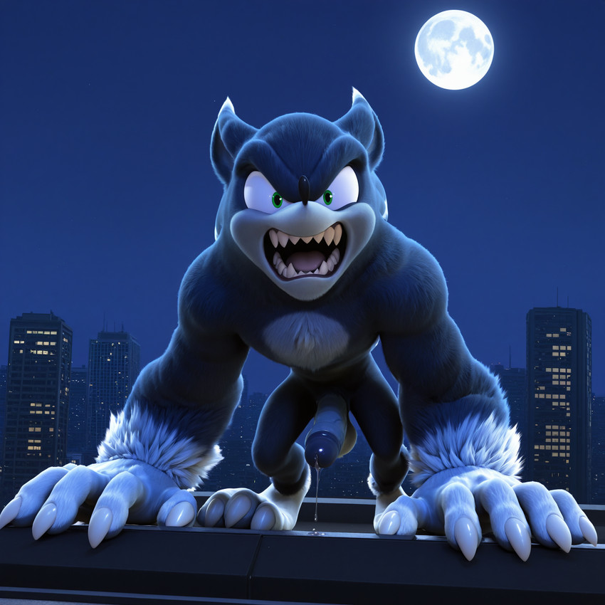 3_toes 5_fingers all_fours angry anthro arm_tuft balls barefoot big_penis black_nose blue_body blue_fur bodily_fluids building city cityscape claws detailed_background detailed_fur digitigrade dripping ears_back erection fangs feet fingers fluffy foreskin front_view full_moon fur genital_fluids genitals glans green_eyes growling hands humanoid_genitalia humanoid_penis light looking_at_viewer low-angle_view male moon moonlight muscular muscular_male night nude open_mouth outdoor_nudity outside penis pivoted_ears precum precum_drip precum_string purple_glans realistic_fur rooftop sharp_teeth sky skyscraper solo teeth toe_claws toes tongue tuft vein veiny_penis white_claws white_hands white_penis wrist_tuft scoutr sega sonic_the_hedgehog_(series) sonic_unleashed sonic_the_hedgehog sonic_the_werehog eulipotyphlan hedgehog mammal werecreature wereeulipotyphlan werehog 1:1 3d_(artwork) detailed digital_media_(artwork) hi_res homosimile_(model)