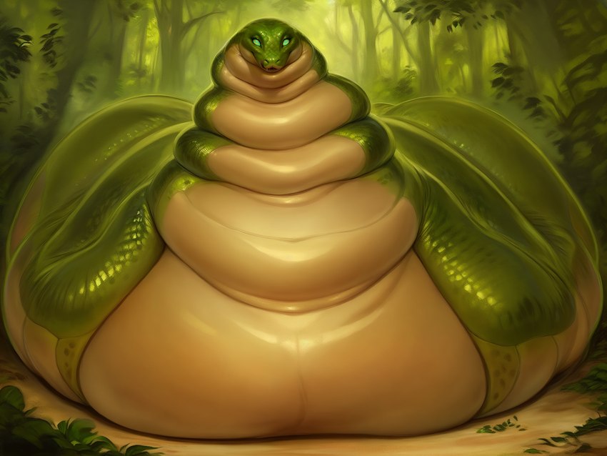 ambiguous_gender countershading easyfluffv11.2_(model) fat_rolls feral green_body green_scales jungle looking_at_viewer morbidly_obese obese overweight plant ringed_eyes scales solo tan_body tan_countershading tree icyibis reptile scalie snake full-length_portrait green_theme hi_res portrait shaded