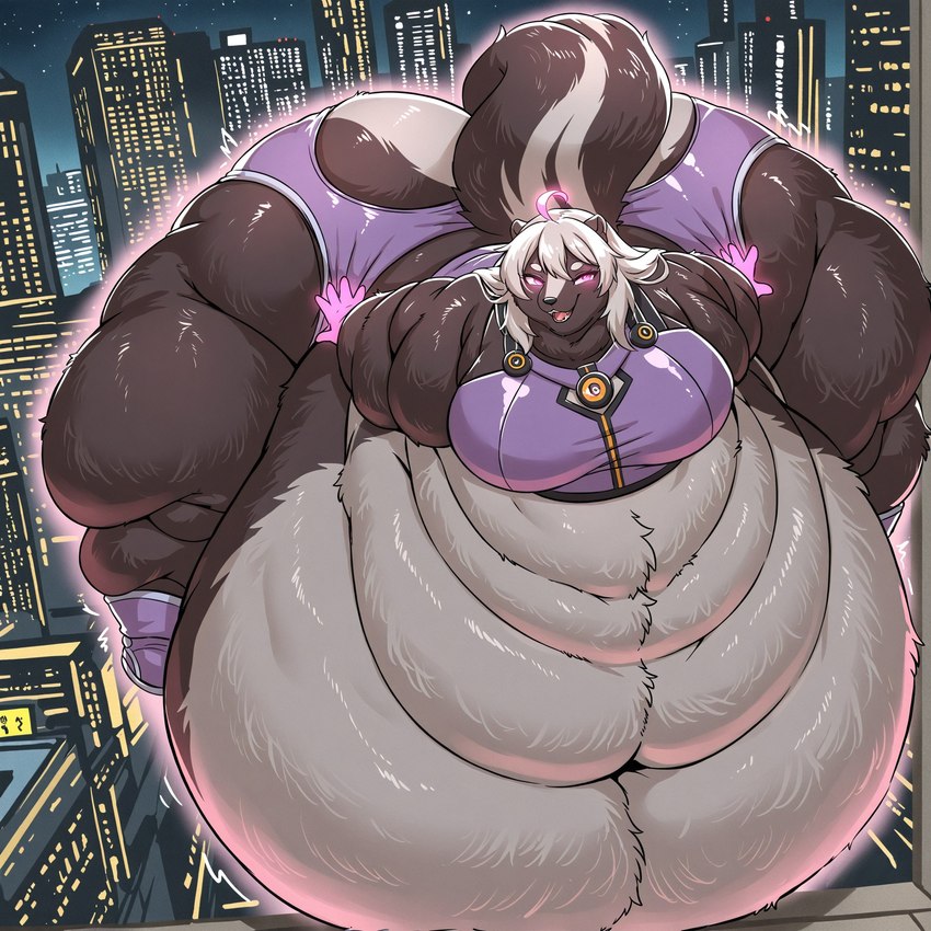 ambiguous_gender anthro belly big_belly big_breasts big_butt black_body black_fur blush breasts building butt butt_expansion city city_background cityscape clothed clothing expansion female footwear fur glowing hair huge_butt huge_thighs hyper hyper_belly hyper_butt hyper_hips hyper_thighs macro male moobs morbidly_obese morbidly_obese_anthro morbidly_obese_female morbidly_obese_male night obese obese_anthro obese_female obese_male open_mouth overweight overweight_anthro overweight_female overweight_male purple_eyes smile solo tail thick_thighs tight_clothing topwear underwear weight_gain white_body white_fur white_hair wide_hips unknown_director mammal mephitid skunk digital_media_(artwork) hi_res