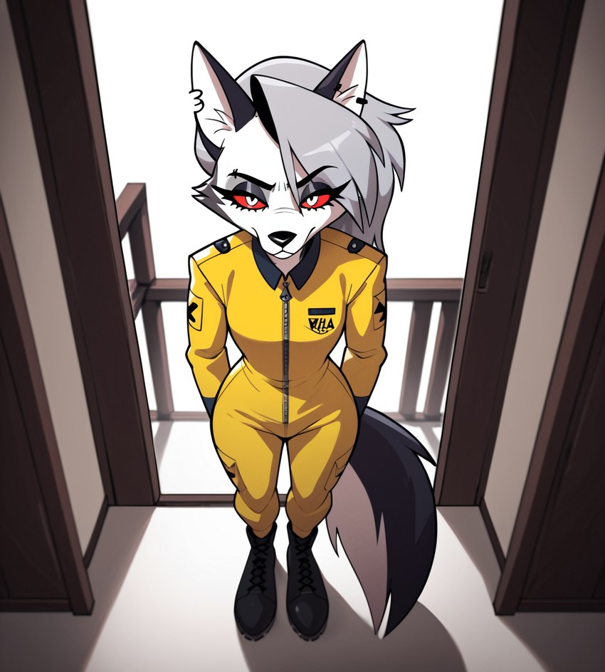 anthro clothing doorway eyebrows female helluva_boss high-angle_view jumpsuit looking_at_viewer raised_eyebrow solo standing yellow_clothing rulethony34tano_(director) loona_(helluva_boss) canid canid_demon canine demon hellhound mammal hi_res