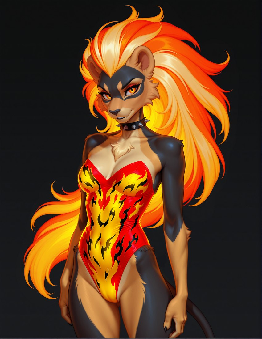 anthro clothing collar female leotard solo spiked_collar spikes gusc3 nintendo pokemon generation_6_pokemon pokemon_(species) pyroar half-length_portrait hi_res portrait