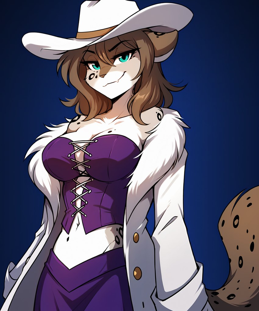 anthro breasts brown_hair chest_tuft cleavage clothed clothing corset female fur hair hat headgear headwear lingerie looking_at_viewer midriff navel one_piece simple_background smile solo spots topwear tuft twokinds anontk kathrin_vaughan nico_robin felid keidran mammal pantherine hi_res