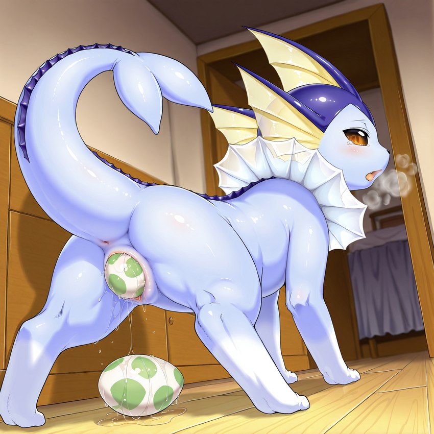 bodily_fluids breath egg female feral genital_fluids genitals low-angle_view oviposition pussy pussy_juice rear_view solo tears nintendo pokemon eeveelution generation_1_pokemon pokemon_(species) vaporeon hi_res