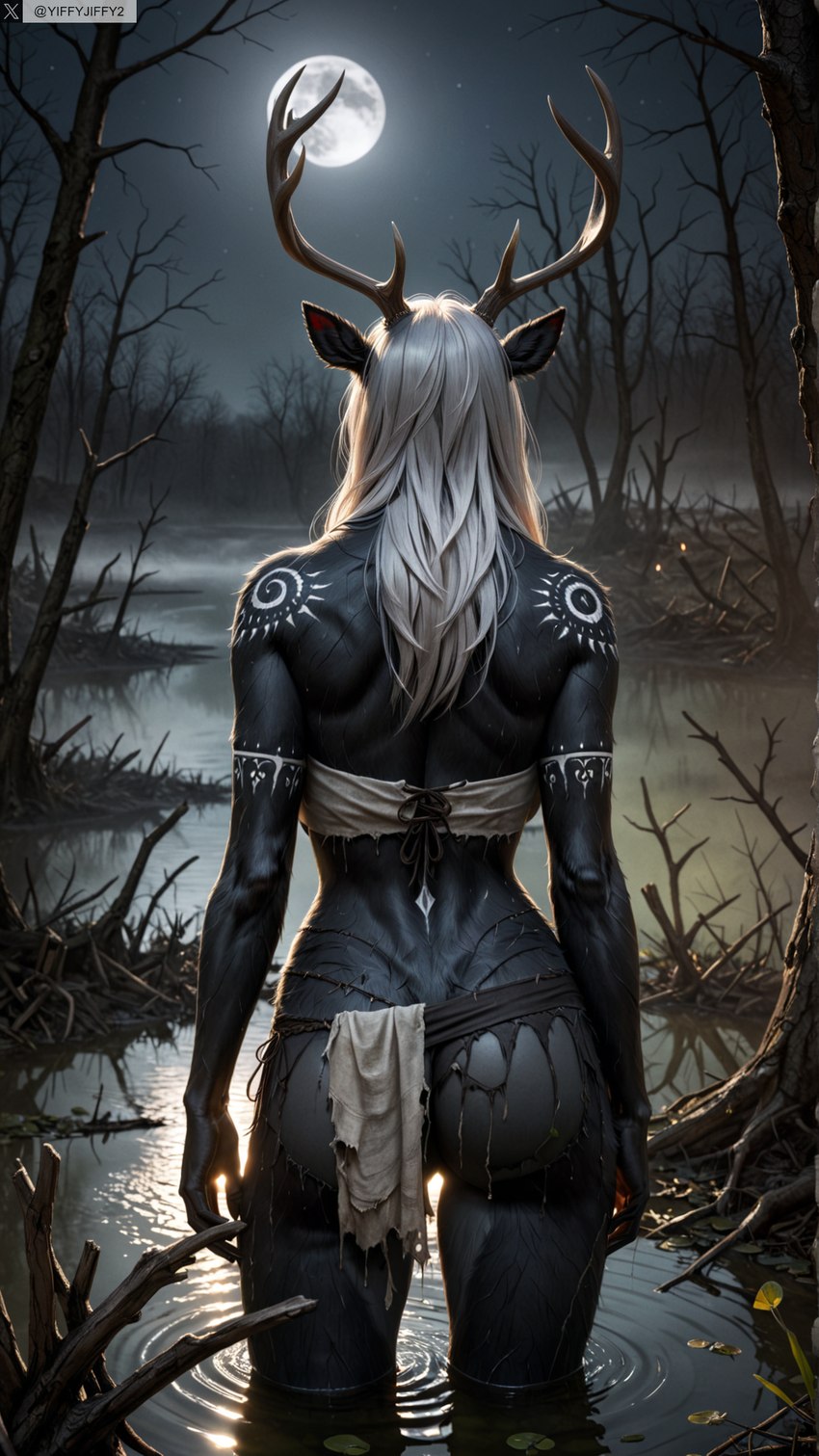 anthro antlers butt female female_anthro hair horn long_hair moon night outdoors partially_submerged photorealism photorealistic plant realistic solo stable_diffusion tattoo tree water yiffyjiffy2 cervid cervine mammal wendigo hi_res watermark