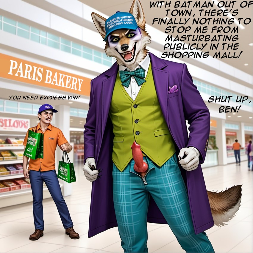 animal_genitalia animal_penis anthro canine_penis exhibitionism genitals group humor male mall penis public public_exposure shopping text hyote ben_shapiro hyote(character) canid canine canis coyote human mammal