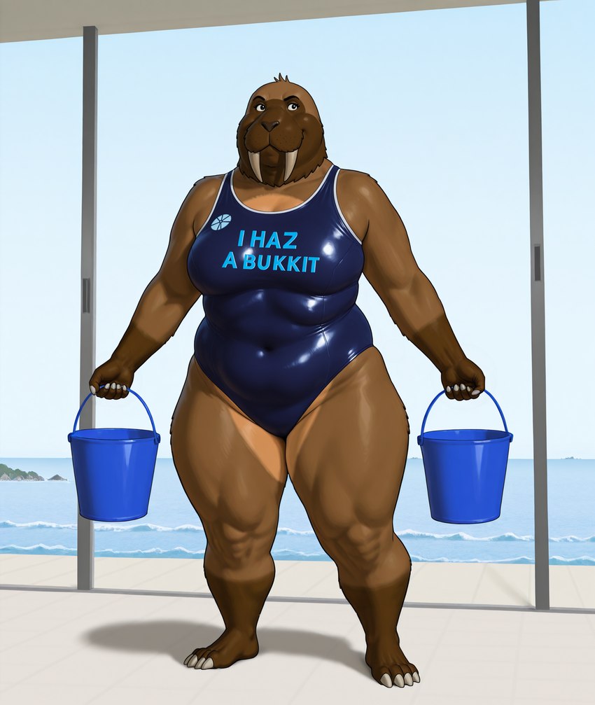 anthro bucket chubby_female clothing container female one-piece_swimsuit sea solo swimwear tusks water wide_hips gusc3 mammal marine pinniped walrus hi_res meme