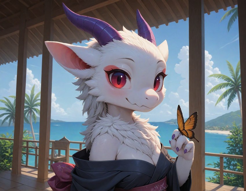 4_fingers asian_clothing blush breasts chest_tuft claws cleavage clothed clothing cloud day detailed_background duo east_asian_clothing eyelashes eyeshadow female fingers fur hair horn japanese_clothing kimono looking_at_viewer makeup mountain neck_tuft non-mammal_breasts outside overhang palm_tree plant red_eyes ribbons sea sky smile solo_focus tree tuft water white_body white_fur fluffscaler hymonie_fluffscale(fluffscaler) ambient_arthropod ambient_butterfly ambient_insect arthropod butterfly dragon furred_dragon furred_scalie insect lepidopteran moth scalie hi_res portrait signature