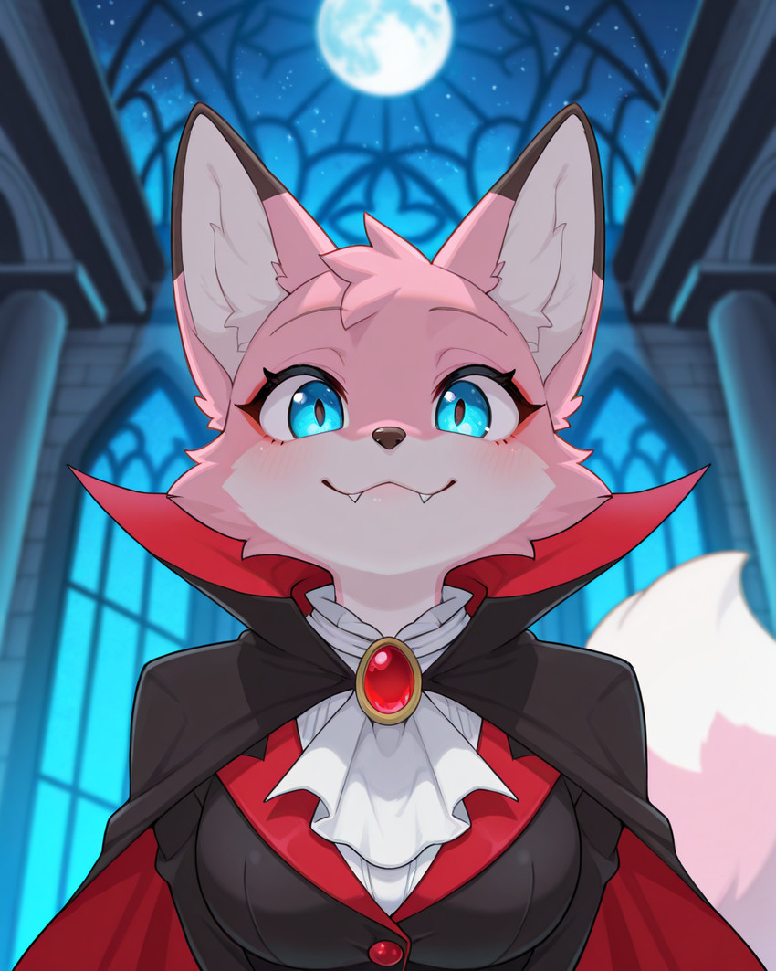 amulet anthro blue_eyes bodily_fluids cape castle clothing elegant fangs female fur halloween looking_at_viewer moon night pink_body pink_fur pupils smile solo tail teeth topwear vest whiskers alastorgj halloween_2025 rose_(alastorgj) canid canine canis fox mammal vampire hi_res