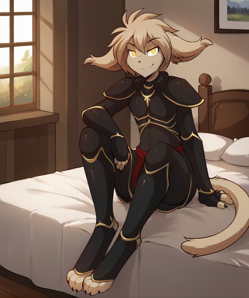 anthro armor bed clothed clothing digitigrade female fur furniture inside looking_at_viewer on_bed pauldron sitting smile solo twokinds window yellow_eyes anontk keith_keiser basitin felid keidran mammal hi_res