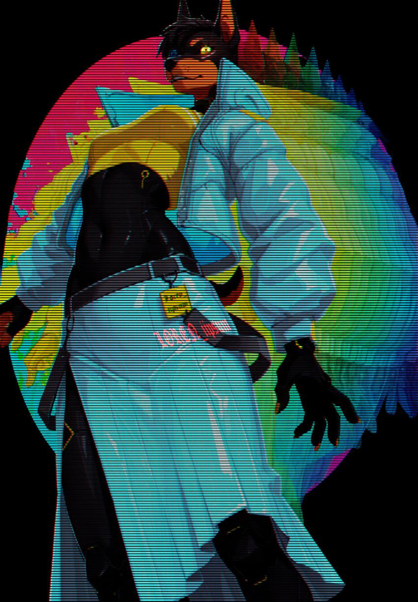 5_fingers abstract_background anthro belt bodysuit bottomwear clothing crt_effect cybernetic_leg cybernetic_limb cybernetics female fingers glowing glowing_eyes glowing_markings hologram jacket looking_at_viewer machine markings midriff prosthetic prosthetic_leg prosthetic_limb shirt simple_background skinsuit skirt solo style_emulation tail tank_top text tight_clothing topwear winter_clothing loren_iipsum canid canine canis cyborg dobermann domestic_dog mammal pinscher hi_res watermark