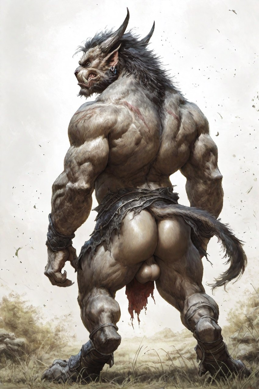 anthro balls butt genitals male muscular muscular_male rear_view solo hyperion charr felid mammal hi_res