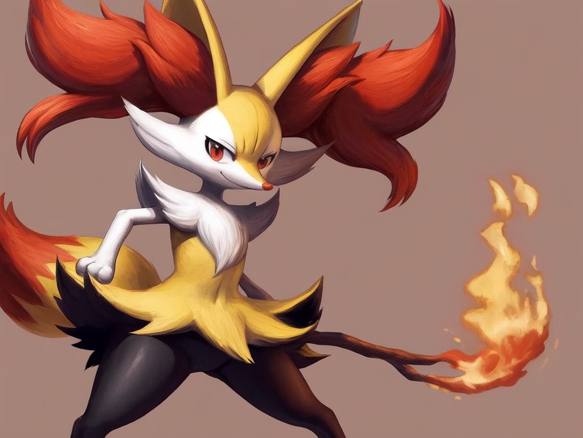 anthro biped closed_smile elemental_manipulation female fighting_pose fire fire_manipulation fur inner_ear_fluff multicolored_body multicolored_fur pose red_body red_fur simple_background solo stick tuft white_body white_fur yellow_body yellow_fur primairinalover braixen generation_6_pokemon pokemon_(species)