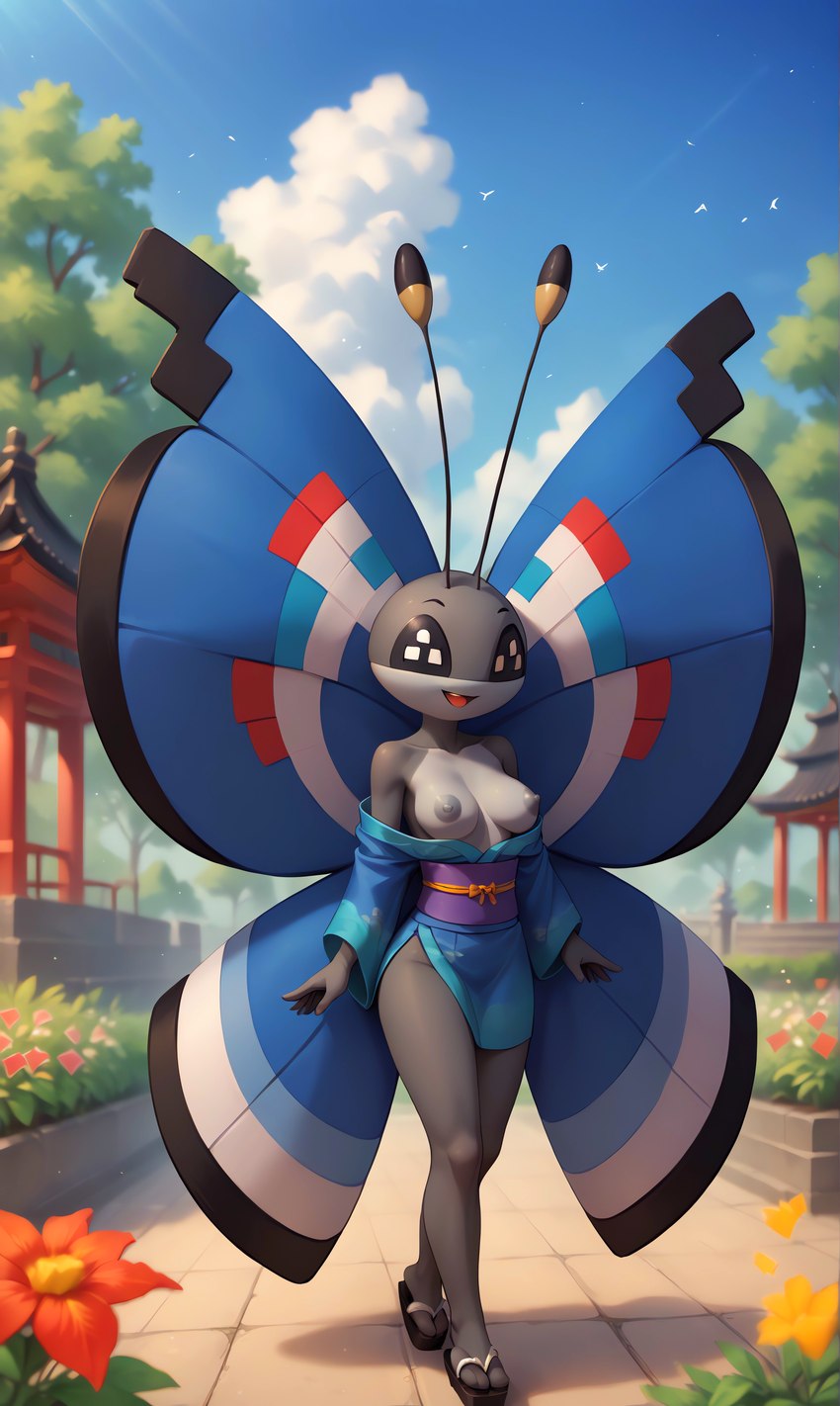 anthro asian_clothing breasts clothed clothing east_asian_clothing female happy japanese_architecture japanese_clothing kimono partially_clothed solo wings gobabsnow nintendo pokemon generation_6_pokemon pokemon_(species) vivillon absurd_res hi_res