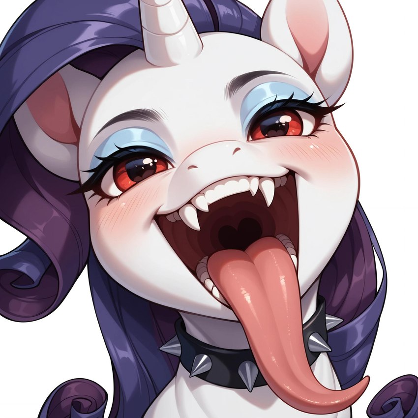 anthro blue_eyeshadow collar eyeshadow fangs female fur hair horn long_tongue looking_at_viewer makeup mouth_shot open_mouth purple_hair red_eyes solo spiked_collar spikes teeth tongue tongue_out uvula white_body white_fur tricksterfox friendship_is_magic my_little_pony rarity_(mlp) equid equine mammal unicorn hi_res