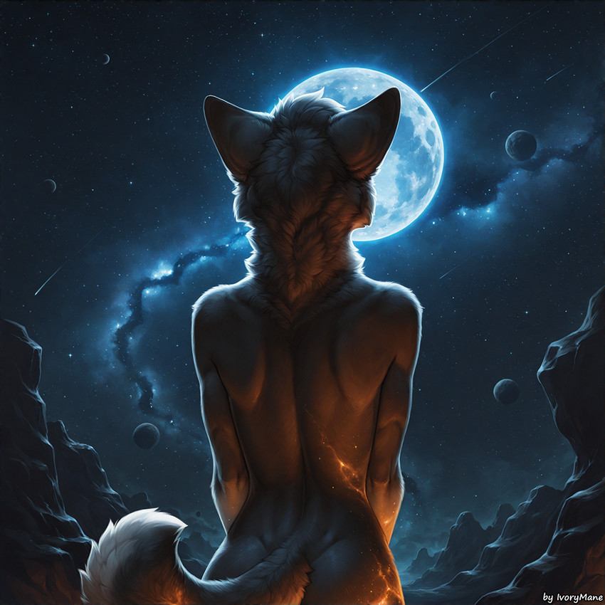 ambiguous_gender anthro butt faceless_character fluffy fluffy_tail fur grey_body grey_fur looking_forward moon night outside rear_view solo star ivorymane canid canine mammal watermark