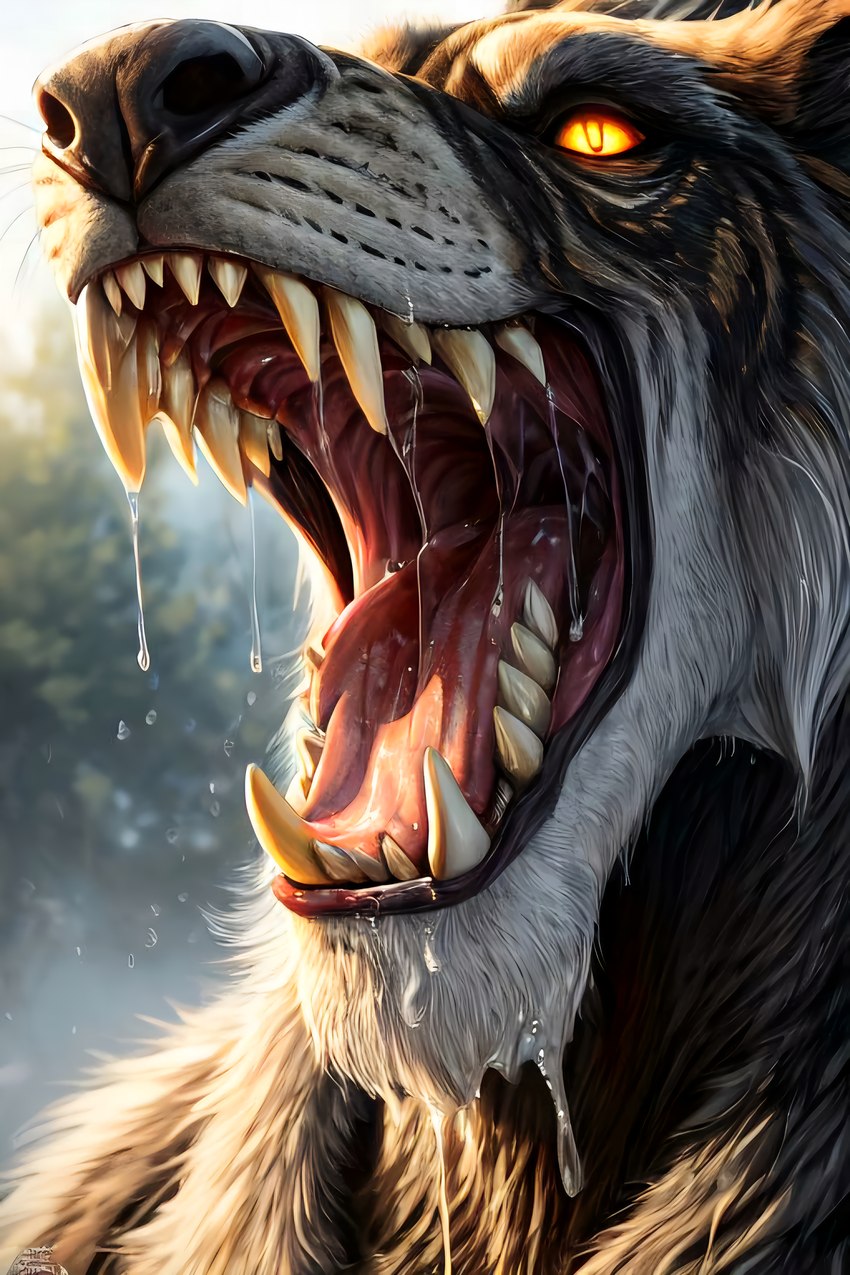 anthro black_nose bodily_fluids close_up drooling fangs fur glowing glowing_eyes imminent_vore lips male mouth_shot open_mouth pupils saliva saliva_on_tongue saliva_string sharp_teeth slit_pupils solo teeth throat tongue yellow_eyes canid canine mammal were werecanid werecanine werewolf absurd_res attempted_signature hi_res