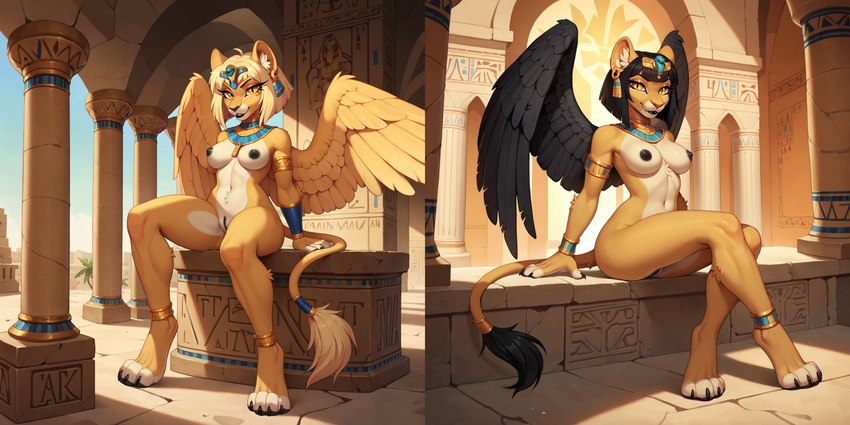 anthro black_hair black_nipples black_pussy blonde_hair breasts digitigrade duo egyptian egyptian_mythology feathered_wings feathers female genitals gold_(metal) golden_eyes hair jewelry medium_breasts nipples nude pinup pose pupils pussy short_hair sitting slit_pupils tail_tuft tuft wings sagrael felid lion mammal mythological_sphinx pantherine absurd_res hi_res