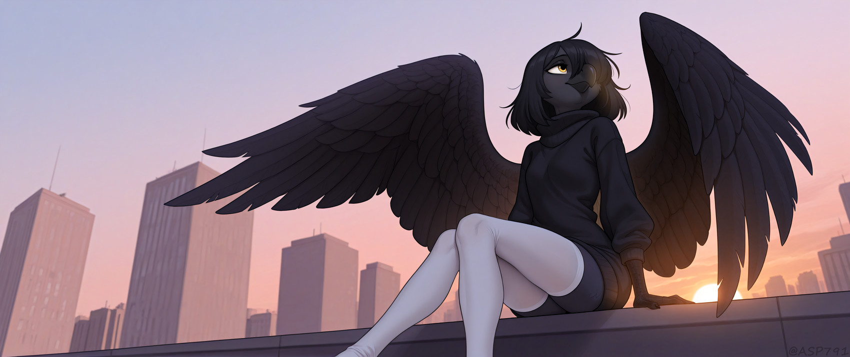 anthro beak black_body black_feathers black_hair breasts city city_background claws clothed clothing feathered_wings feathers female fur hair hair_over_eye legwear looking_away low-angle_view medium_hair one_eye_obstructed outside scuted_arms scuted_hands scutes sitting sky skyscraper slim smile solo sunset sweater sweater_dress thigh_highs topwear tuft turtleneck ultrawide wings yellow_eyes asp791_(director) avian bird corvid corvus_(genus) oscine passerine raven 21:9 absurd_res hi_res signature