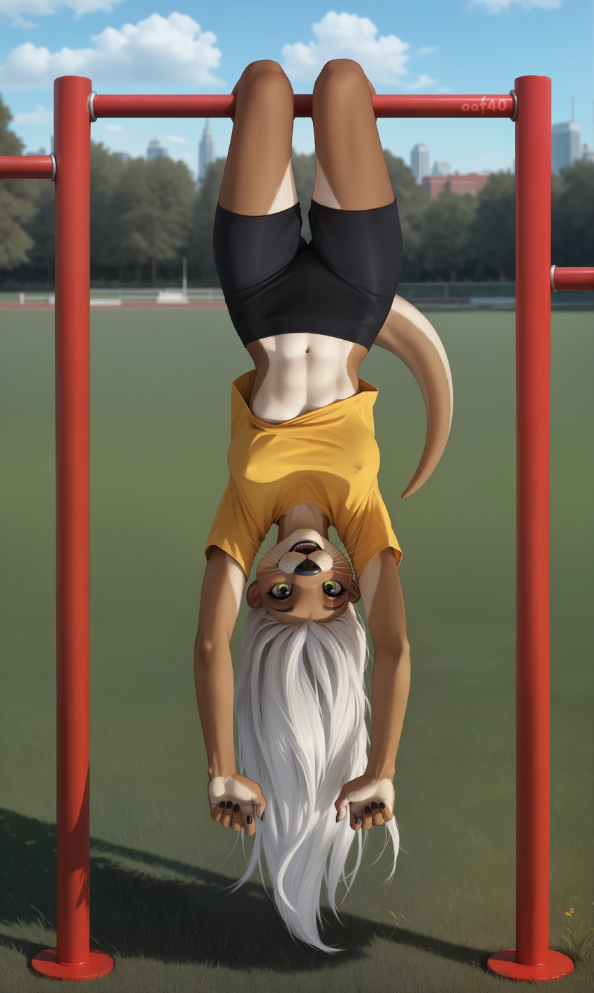 5_fingers abs anthro belly black_bottomwear black_clothing black_fingernails black_nose black_shorts blond_hair blurred_background bottomwear breasts brown_body brown_fur city city_background clothing cloud countershade_arms countershade_face countershade_hands countershade_neck countershade_tail countershade_thighs countershade_torso countershading day exercise eyebrows eyelashes female fingernails fingers flower fur grass green_eyes hair happy inner_ear_fluff long_hair looking_at_viewer midriff nails navel nipple_outline open_mouth otter_tail outside park plant push-up_bar shirt short_sleeves shorts simple_background sky solo sports_field sportswear tail teeth topwear tree tuft upside_down white_body white_countershading white_whiskers workout yellow_clothing yellow_shirt yellow_topwear oaf40 mammal mustelid otter river_otter 2026 absurd_res colored cybermfcg_(model) director_name hi_res signature