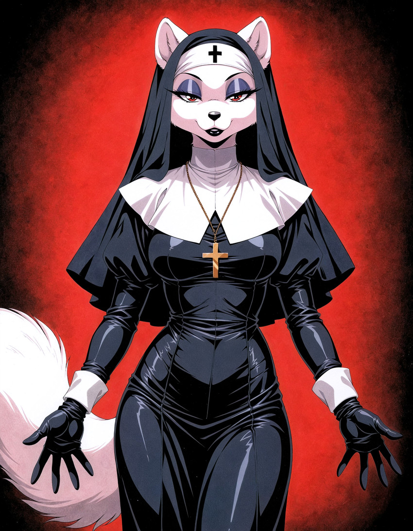 5_fingers bedroom_eyes black_clothing black_dress black_lips black_nose breasts clothed clothing cross cross_necklace dress eyelashes eyeshadow female fingers fluffy fluffy_tail front_view fur gloves goth half-closed_eyes handwear jewelry latex latex_clothing lips lipstick looking_at_viewer makeup narrowed_eyes necklace nun nun_habit red_eyes religion religious_clothing seductive simple_background smile solo standing tail tight_clothing white_body white_fur hank94_(director) arctic_fox canid canine fox mammal hi_res portrait three-quarter_portrait