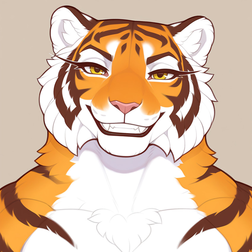 anthro chest_tuft eyelashes female fur grin long_eyelashes looking_at_viewer neck_tuft orange_body orange_fur sharp_teeth simple_background smile solo stripes teeth tuft white_body white_fur yellow_eyes magicraven felid mammal pantherine tiger portrait