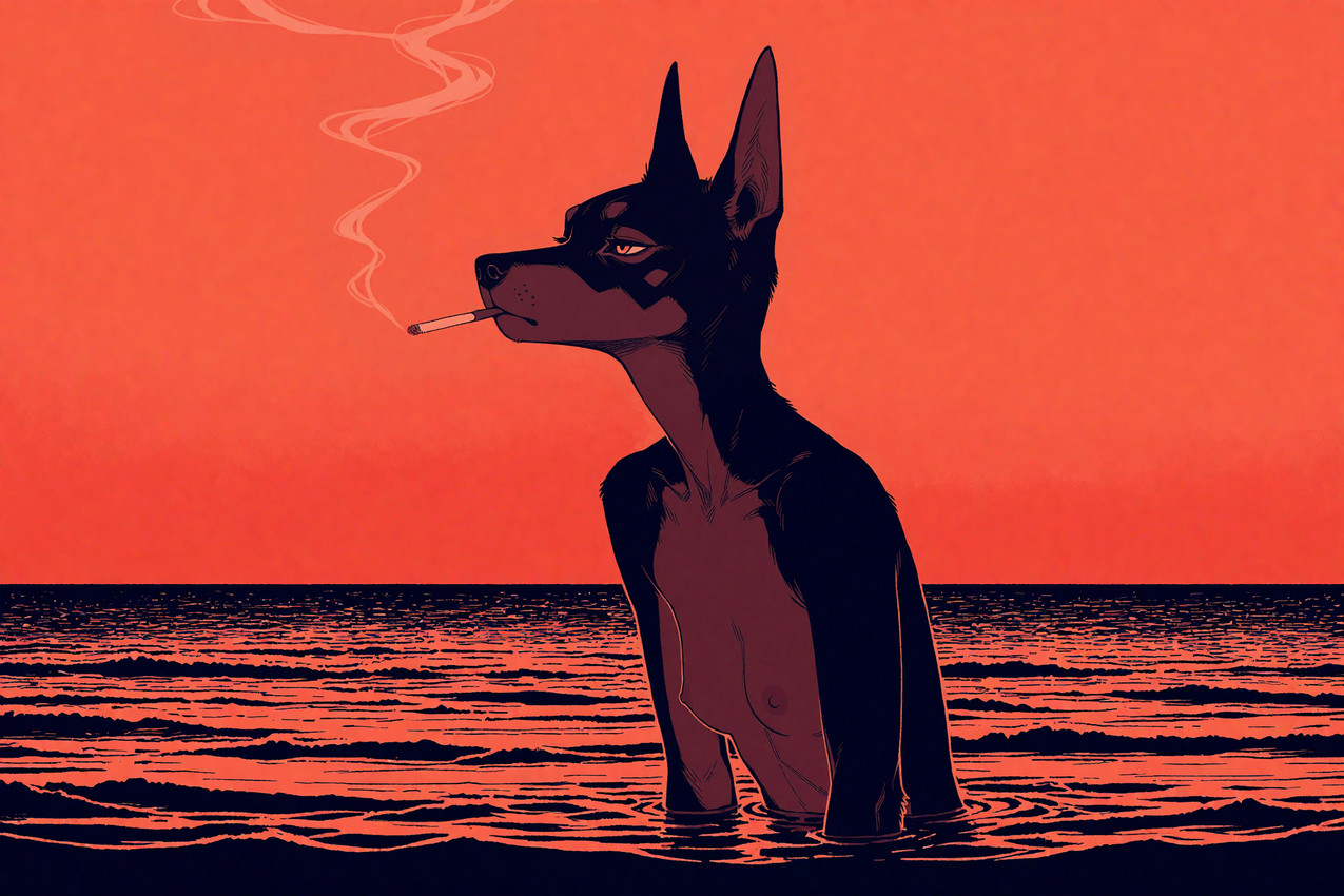 anthro athletic athletic_anthro athletic_female black_body black_fur black_nose breasts brown_body brown_fur cigarette cigarette_in_mouth collarbone elbow_tuft expressionless female fur head_tuft horizon leaning leaning_forward looking_away multicolored_body multicolored_fur neck_tuft nipples nude nude_anthro nude_female outside partially_submerged sea shoulder_tuft side_boob side_view sky slim_body slim_female small_breasts smoke smoking solo standing standing_in_water tired_eyes tuft twilight two_tone_body two_tone_fur water whisker_spots knotanotherfurry shotgun_(character) canid canine canis dobermann domestic_dog mammal pinscher hi_res restricted_palette