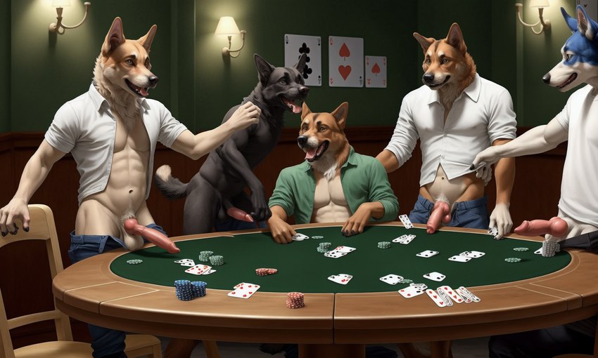 animal_genitalia animal_penis anthro balls canine_genitalia canine_penis card clothed clothing countershade_torso countershading erection fingers genitals group knot male male/male navel penis playing_card poker poker_table shirt strip_poker tongue tongue_out topwear logically canid canine canis domestic_dog mammal hi_res