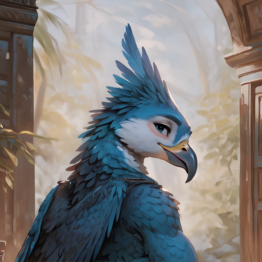 ambiguous_gender anthro beak blue_body blue_eyes blue_feathers feathered_crest feathers head_crest looking_at_viewer looking_back multicolored_body multicolored_feathers solo two_tone_body two_tone_feathers birdlover avian bird absurd_res hi_res icon painting_(artwork) traditional_media_(artwork)