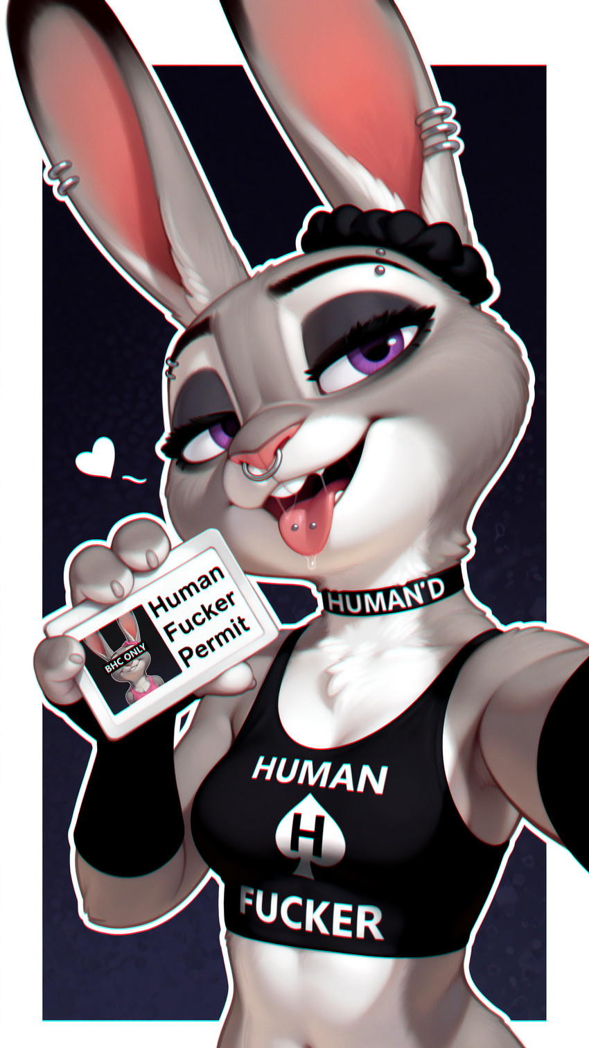 <3 anthro barbell_piercing black_clothing black_eyeliner black_eyeshadow bodily_fluids border breasts buckteeth censor_bar chest_fur chest_tuft choker chromatic_aberration clothing covered_eyes crop_top dripping ear_piercing eyebrow_piercing eyelashes eyeliner eyeshadow facial_piercing female film_grain fingerless_gloves fur gloves goth gothic grey_body grey_fur handwear head_tilt hoop_piercing human'd human_fetish human_fucker_permit id_card jewelry logo logo_on_clothing looking_at_viewer makeup midriff mouth_closed multicolored_body multicolored_fur narrowed_eyes navel necklace nose_piercing nose_ring open_mouth outline outside_border piercing pink_clothing pink_shirt pink_tank_top pink_topwear prompt purple_eyes rabbit_ears ring_piercing saliva saliva_drip saliva_on_tongue saliva_string scrunchie selfie shirt simple_background small_breasts smile solo tank_top teeth text thick_eyelashes thick_outline tongue tongue_out tongue_piercing topwear tuft two_tone_body two_tone_fur white_body white_border white_fur white_outline joe420 disney zootopia judy_hopps lagomorph leporid mammal rabbit absurd_res alternate_version_at_source english_text hi_res meme portrait prompt_metainfo