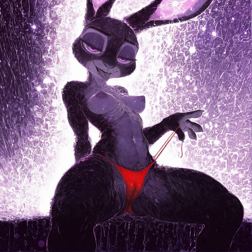 4_fingers abs abstract_background anthro areola athletic athletic_anthro bedroom_eyes bikini bikini_pull black_body black_fur breasts buckteeth camel_toe clothed clothing clothing_pull disney female fingers front_view fur grey_body grey_fur half-closed_eyes long_ears looking_at_viewer medium_breasts multicolored_body multicolored_fur narrowed_eyes navel nipples open_mouth panties presenting pubes purple_eyes seductive sitting smile solo spread_legs spreading swimwear swimwear_pull teeth tongue tongue_out topless two_tone_body two_tone_fur underwear wet wet_clothing white_body white_fur anonymous_director zootopia judy_hopps lagomorph leporid mammal rabbit hi_res
