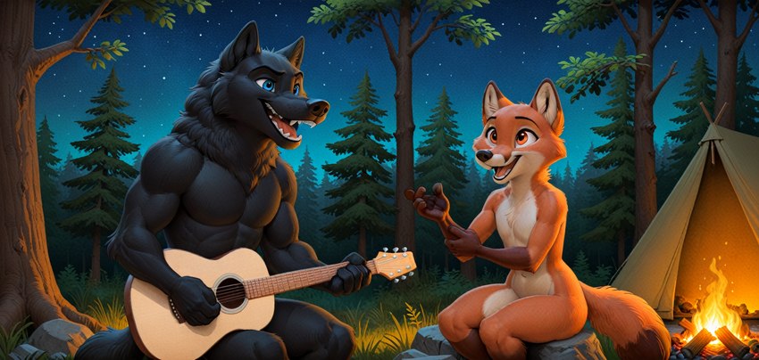 5_fingers acoustic_guitar anthro belly biceps black_belly black_body black_fur black_nose blue_eyes brown_arms brown_ear_tips brown_legs brown_tail_tip campfire camping canine_nose duo evergreen_tree eye_contact featureless_crotch fingers fire fluffy fluffy_tail forest front_view fur grass guitar happy looking_at_another male monotone_body monotone_fur multicolored_body multicolored_fur muscular muscular_male musical_instrument nature nature_background neck_tuft night nude open_mouth orange_body orange_fur pecs pine_tree plant playing_guitar playing_music plucked_string_instrument raised_arms rock sharp_teeth singing sitting_on_rock size_difference sky slim star starry_sky string_instrument tan_belly teeth tent tongue toony tree tuft two_tone_body two_tone_fur yiffymix_v51xl_(model) scoutr scout_the_fox canid canine canis fox mammal red_fox wolf digital_media_(artwork) hi_res widescreen